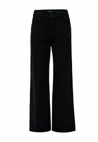Jeans de pierna ancha negra fabricados en denim, con un diseño clásico de cinco bolsillos y cierre frontal con botón. Textura suave y ajuste entallado.