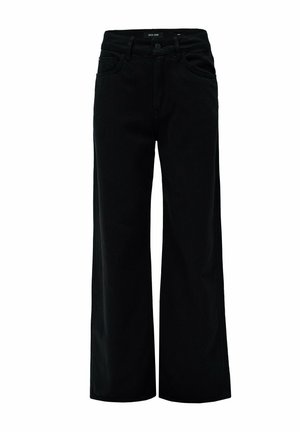 Jeans de pierna ancha negra fabricados en denim, con un diseño clásico de cinco bolsillos y cierre frontal con botón. Textura suave y ajuste entallado.