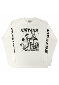 Long-sleeve white T-shirt featuring black graphic print of figures and text "NIRVANA INCESTICIDE" on front and sleeve. Soft cotton fabric.
