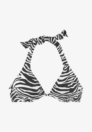 Juodos ir baltos zebra rašto bikini viršus su kaklo raišteliais ir trikampiais puodeliais; sklandžios medžiagos ir siuvinėti akcentai.