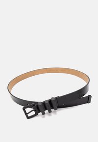 Black leather belt with a smooth finish, featuring a matte black metal buckle and adjustable strap with distinct notches for sizing.