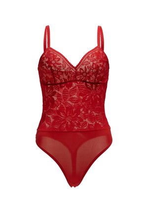 Roter Spitzen-Bodysuit mit Blumenmustern, durchscheinendem Mesh-Unterteil, verstellbaren Trägern und einem V-Ausschnitt mit gewellten Abschlüssen.