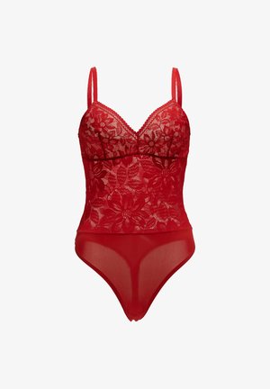 Roter Spitzen-Bodysuit mit Blumenmustern, durchscheinendem Mesh-Unterteil, verstellbaren Trägern und einem V-Ausschnitt mit gewellten Abschlüssen.