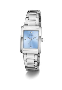 Montre en acier inoxydable argenté avec un cadran bleu rectangulaire, mettant en avant un accent en diamant et des marqueurs carrés. Design de bracelet à maillons.