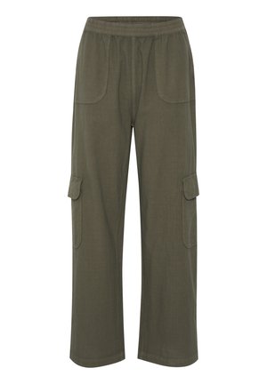 Olivengrüne, locker sitzende Cargo-Hosen mit elastischem Bund und großen Seitentaschen. Hergestellt aus weichem, atmungsaktivem Stoff; gerades Beindesign.