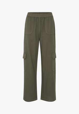 Pantalones cargo de corte holgado en verde oliva, con una cintura elástica y grandes bolsillos laterales. Fabricados en una tela suave y transpirable; diseño de pierna recta.