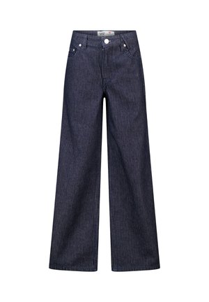 Marineblauwe brede jeans met subtiele verticale krijtstrepen, voorste knoop, ritssluiting, riemlussen en voor- en achterzakken.