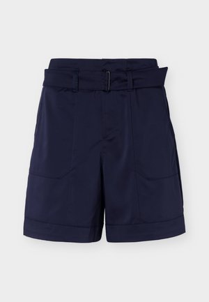 Shorts bleu marine taille haute avec une large ceinture, poches avant et ourlets retroussés, présentés sur un fond clair uni.