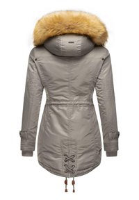 Gray parka jacket with a faux fur hood, featuring a drawstring waist, ribbed cuffs, and lacing detail at the back. Smooth, waterproof material.