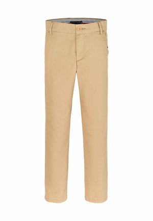 Beige katoenen broek met een rechte pasvorm, voorzien van een knoopsluiting aan de voorkant en riemlussen. Gladde textuur en minimalistisch ontwerp.