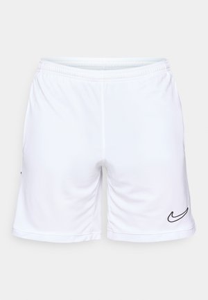 Witte sportieve shorts gemaakt van gladde stof. Ze hebben een elastische tailleband en een klein zwart Nike-logo aan de onderkant van de linkerzijde.