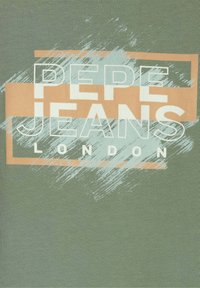 Žalias medvilninis marškinėliai su užrašu "PEPE JEANS LONDON" ryškiomis baltos ir šviesiai mėlynos spalvų raidėmis, o fone esantis abstraktus oranžinis ir teal dizainas.