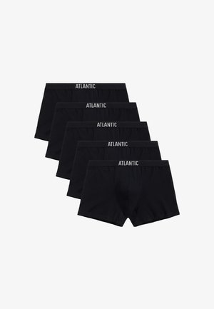 Czarne bawełniane bokserki w pakiecie po pięć sztuk. Posiadają elastyczny pas z logo "ATLANTIC". Miękka tekstura, regularny krój i długość do połowy uda.