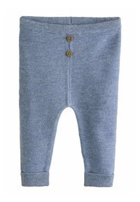 Blaue gestrickte Babypants mit geripptem Bund und Bündchen, ausgestattet mit zwei braunen Holzknöpfen an der Vorderseite zum Verschließen.