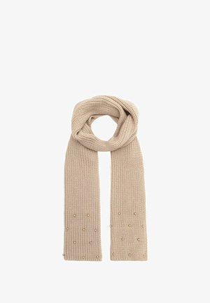 Sweter w kolorze beżowym, z wyraźnym wzorem. Ozdobiony małymi koralikami rozmieszczonymi w dolnej części.