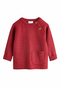 Red knitted sweater with long raglan sleeves, round neckline, two decorative buttons, and a front pocket. Textured fabric and ribbed cuffs.