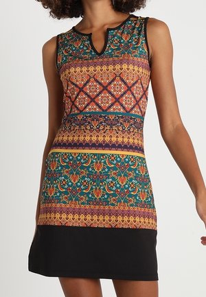 Ärmelloses Kleid mit bunten Blumen- und geometrischen Mustern oben und in der Mitte, schwarzer Rockteil ohne Muster, Rundhalsausschnitt mit Schlitz vorne.