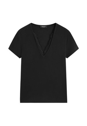 Massimo Dutti, LACE-DETAIL V-NECK T-SHIRT - T-shirts basic - black