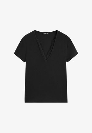 Massimo Dutti, LACE-DETAIL V-NECK T-SHIRT - T-shirt basic - black