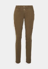 Bruna, slim-fit byxor i bomull med en dragkedjeficka på sidan och dubbel knappstängning i midjan. Slät yta utan synliga mönster.