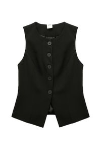Czarny bezrękawnik o dopasowanym kroju, z pięcioma dużymi czarnymi guzikami z przodu oraz gładkim podszewką. Idealny do warstwowych stylizacji.
