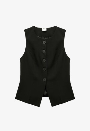 Schwarze ärmellose Weste mit taillierter Passform, fünf großen schwarzen Knöpfen auf der Vorderseite und einem glatten Innenfutter. Geeignet für Lagenlooks.