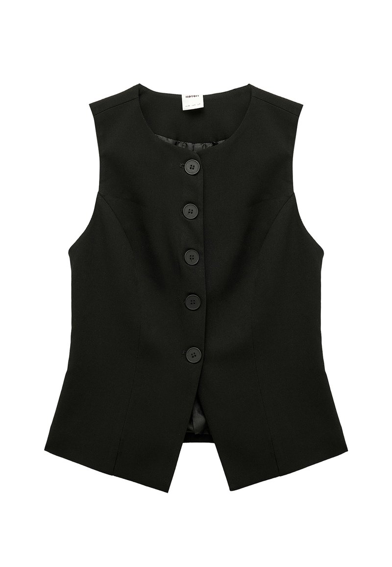 Czarny bezrękawnik o dopasowanym kroju, z pięcioma dużymi czarnymi guzikami z przodu oraz gładkim podszewką. Idealny do warstwowych stylizacji.