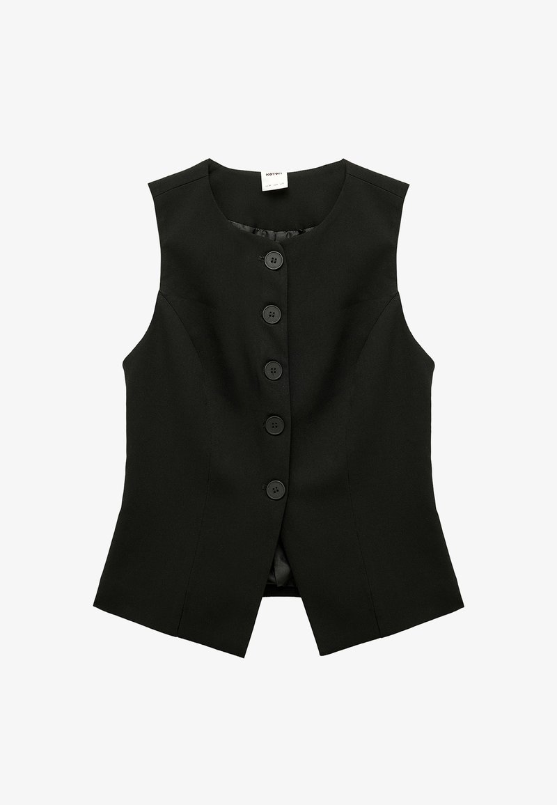 Czarny bezrękawnik o dopasowanym kroju, z pięcioma dużymi czarnymi guzikami z przodu oraz gładkim podszewką. Idealny do warstwowych stylizacji.
