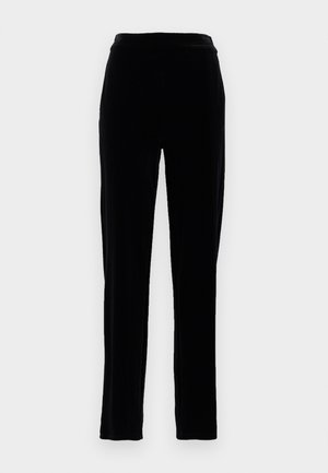 Black velvet trousers with a smooth texture, slim fit, and a mid-rise waistband. Features side pockets and a straight-leg design.