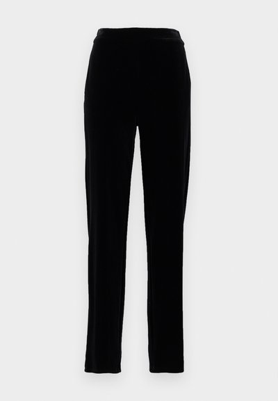 Melnas zīda bikses ar gludu virsmas tekstūru, šaura piegriezuma un vidēja augstuma jostasvietu. Ietver sānu kabatas un taisnu kāju dizainu.