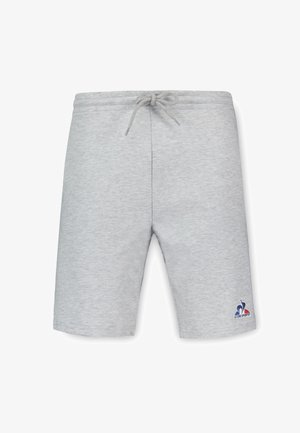 Pantaloni corti di cotone grigi con vita elasticizzata e coulisse, caratterizzati da un logo sulla parte inferiore della gamba sinistra. Texture liscia e design lungo fino al ginocchio.