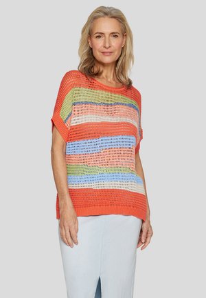 Luftiger, kurzärmeliger Pullover mit kräftigen, mehrfarbigen Streifen in Orange, Grün, Pink und Blau, entspannt geschnitten und mit geripptem Saum.