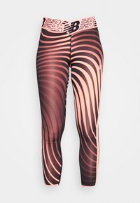 Leggings capri a righe nere e rosa con una cintura larga, caratterizzati da linee curve e una trama di tessuto morbida ed elastica.
