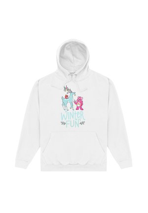 Hvid hættejakke med et legende blåt rensdyr og en lyserød tøjdyr grafik med "WINTER FUN" i akvafarvet tekst. Blødt stof med en frontlomme.