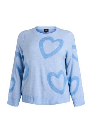 Maglione azzurro chiaro lavorato a maglia con grandi motivi a cuore di un blu più scuro, collo e polsini a coste, e design a vestibilità morbida.