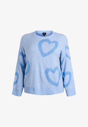 Maglione azzurro chiaro lavorato a maglia con grandi motivi a cuore di un blu più scuro, collo e polsini a coste, e design a vestibilità morbida.