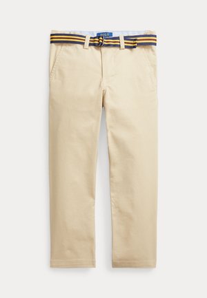 Pantalon en coton beige à jambe droite, doté d'une ceinture rayée multicolore et de poches avant. Texture lisse et design décontracté.