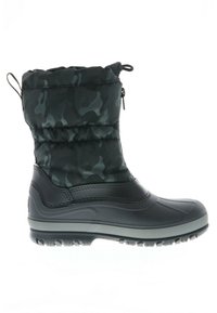 Waterdichte zwarte sneeuwlaars met een zachte camouflagemotief bovenkant, rubberen onderstuk en een gestructureerde zool voor grip. Trekkoordsluiting aan de bovenkant.
