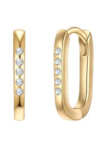 Pendientes de oro con un diseño suave y redondeado. Un pendiente tiene cuatro piedras preciosas transparentes incrustadas, mientras que el otro tiene una forma de barra simple.