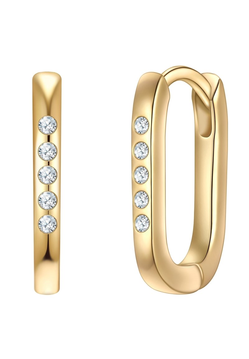 Pendientes de oro con un diseño suave y redondeado. Un pendiente tiene cuatro piedras preciosas transparentes incrustadas, mientras que el otro tiene una forma de barra simple.