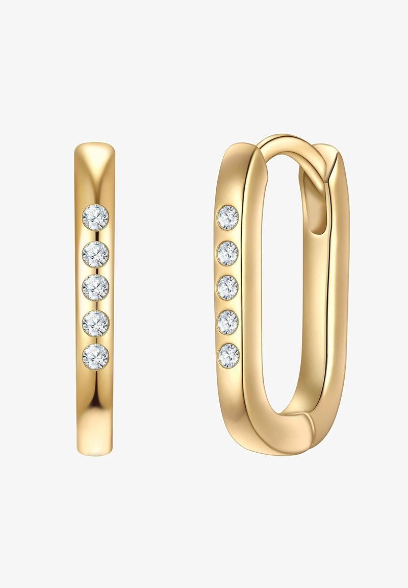 Pendientes de oro con un diseño suave y redondeado. Un pendiente tiene cuatro piedras preciosas transparentes incrustadas, mientras que el otro tiene una forma de barra simple.