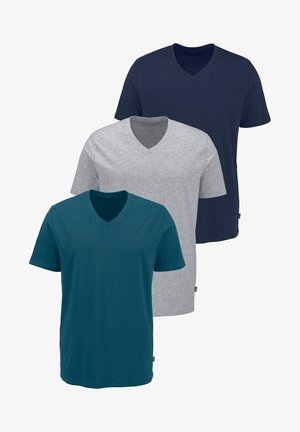 Three v-neck t-shirts: teal, grey, and navy blue. Short sleeves, standard fit, made of cotton, smooth texture, no visible patterns or accents.