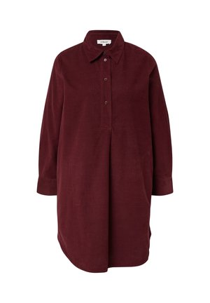 Burgunderfarbenes Hemdkleid aus Cord, mit Kragen, durchgehender Knopfleiste, langen Ärmeln und abgerundetem Saum.