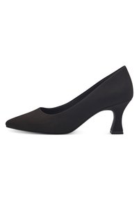 Chaussure à talon haut en daim noir avec un bout pointu et un talon bloc effilé. Texture élégante et lisse sans motifs ni ornements visibles.