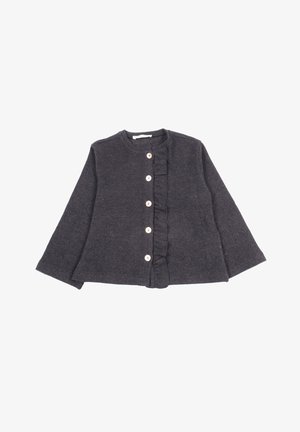 Cardigan grigio scuro realizzato in un tessuto morbido, con un frontale arricciato, cinque bottoni rotondi e maniche ampie per un fit rilassato.
