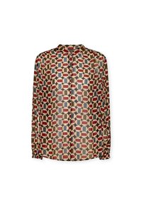 Blusa a maniche lunghe in un tessuto leggero e trasparente, caratterizzata da un motivo geometrico in rosso, beige e blu, con colletto e chiusura a bottoni.