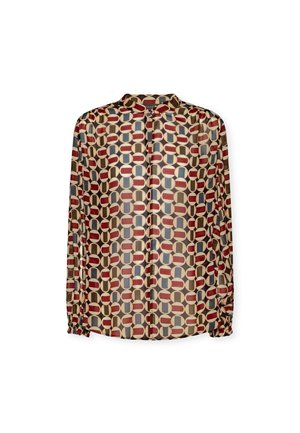 Langærmet bluse i et let, gennemsigtigt stof med et geometrisk mønster i rød, beige og blå, med krave og knaplukning foran.