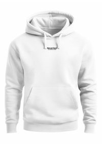 White hoodie with a kangaroo pocket, drawstrings, and a black logo "Neverless Colorado River" on the chest. Cotton blend material, smooth texture.