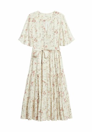 Cream midi dress with pink floral print, flutter sleeves, V-neck, tiered skirt, and fabric belt tied at the waist.