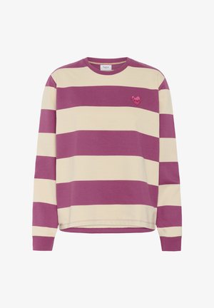 T-shirt à manches longues avec un col rond, rayures horizontales larges rose et crème, et un petit cœur rose brodé sur la poitrine gauche.